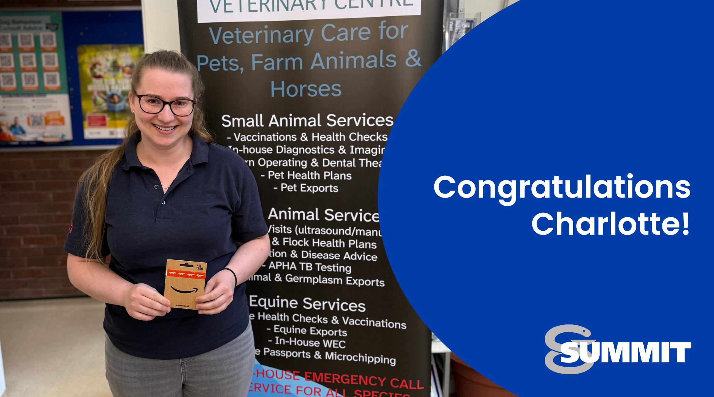 A picture of veterinarian, Charlotte Scott, holding her prize draw gift voucher