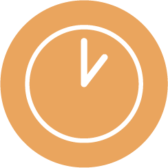 An orange clock graphic showing 13:00