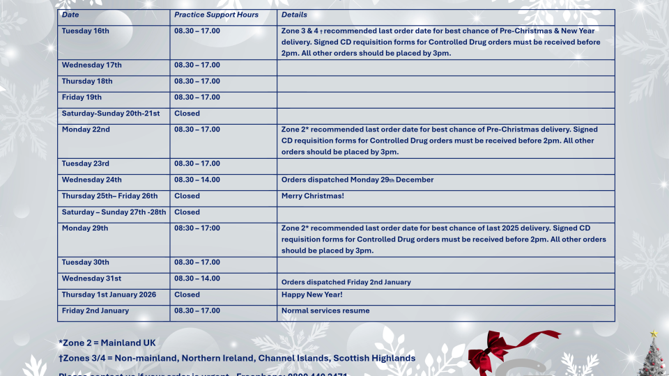 Christmas 2025 Delivery and Service Timetable