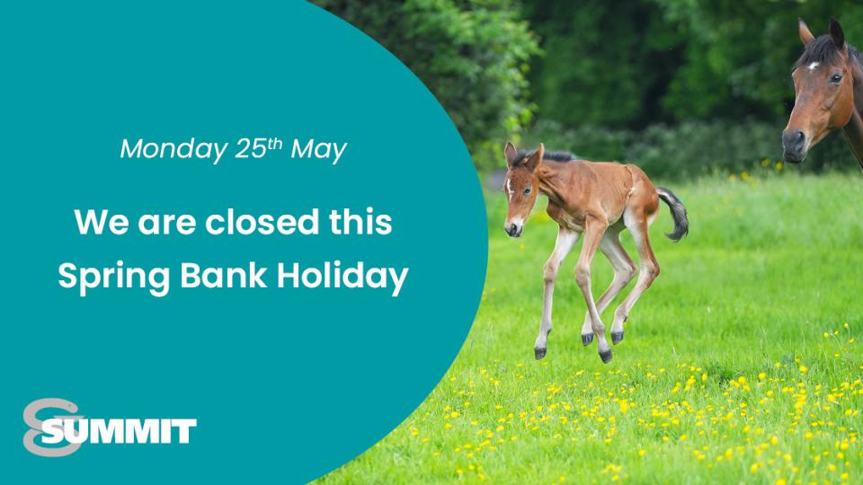 A foal leaping in a field with a message stating that Summit are closed for the Spring bank holiday
