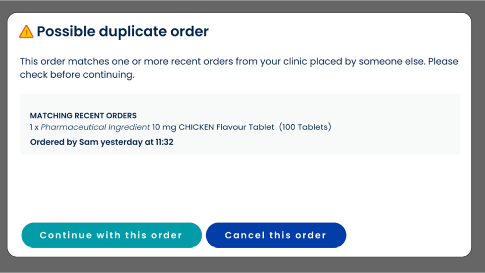 Website notice raising awareness to a potential duplicate order 